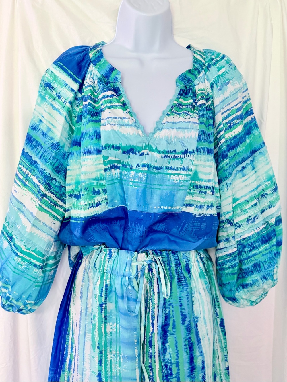 Tyler Boe Blue Green Abstract Stripe Cotton Peasant ResortBlouse - Size Small